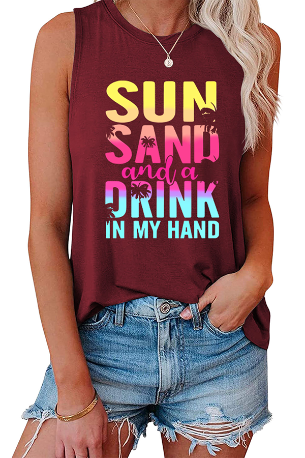 Sun Sand and A Drink Graphic Tank Top Dark red - Tops from Cindelily