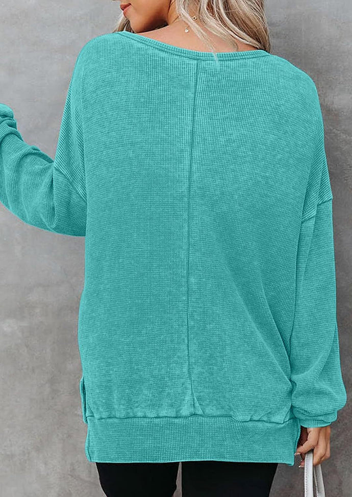 Crew Neck Side Split Waffle Sweatshirt