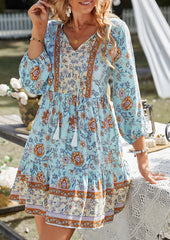 Button Detail Print Boho Mini Dress