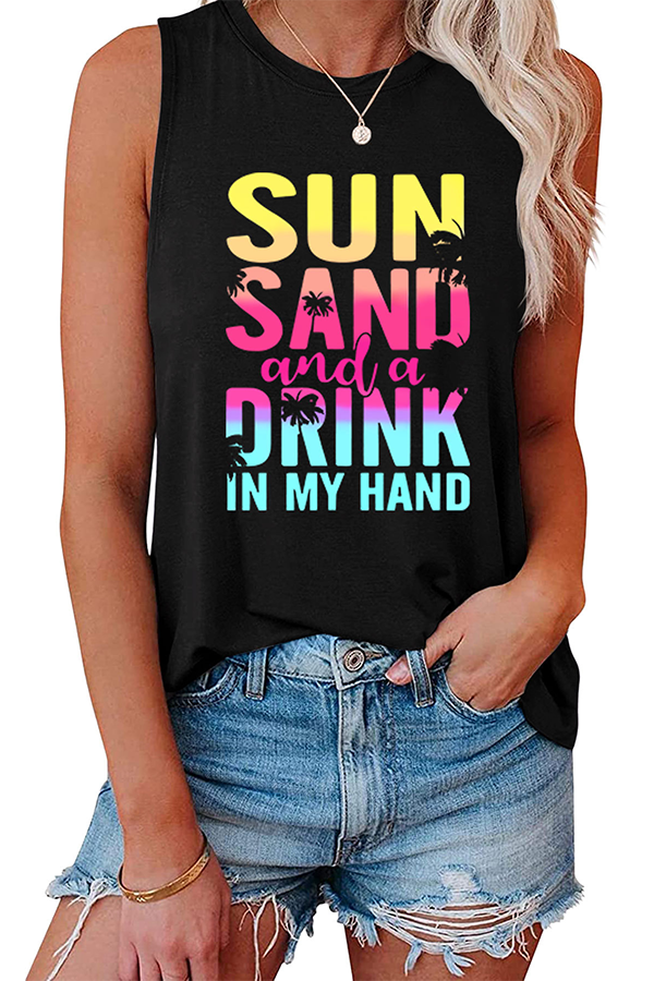 Sun Sand and A Drink Graphic Tank Top Black - Tops from Cindelily