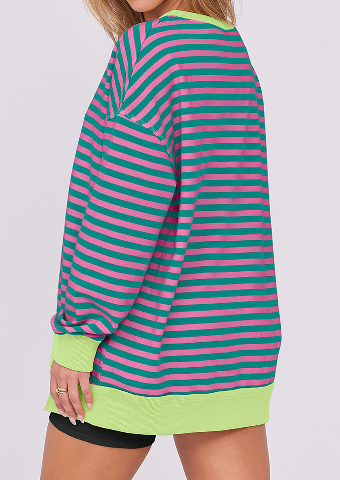 Stripe V Neck Over Size Basic Sweatshirt