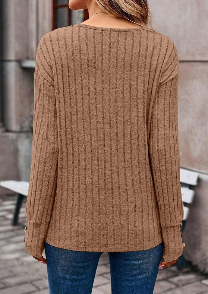 V Neck Button Detail Textued Casual T-shirt