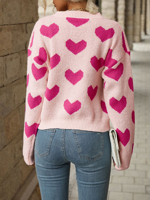 Heart Pattern Crew Neck Knitted Sweater