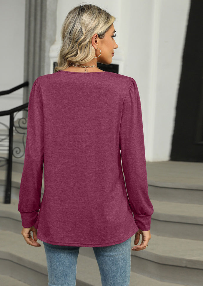 Solid Pleated Long Sleeve Casual T-shirt