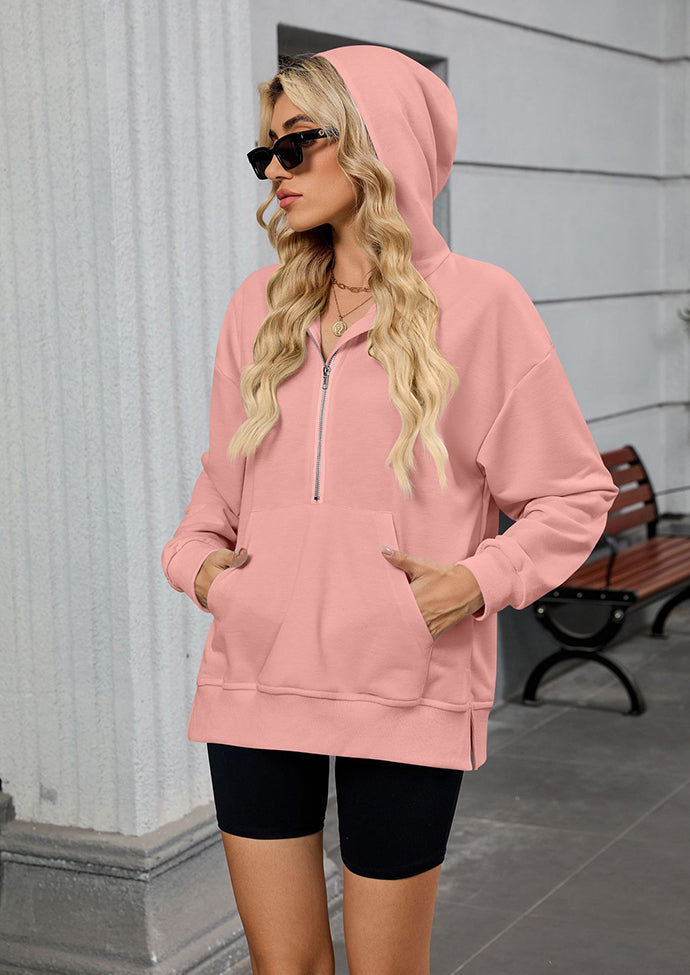 Half Zip Size Split Hoodie with Front Pocket