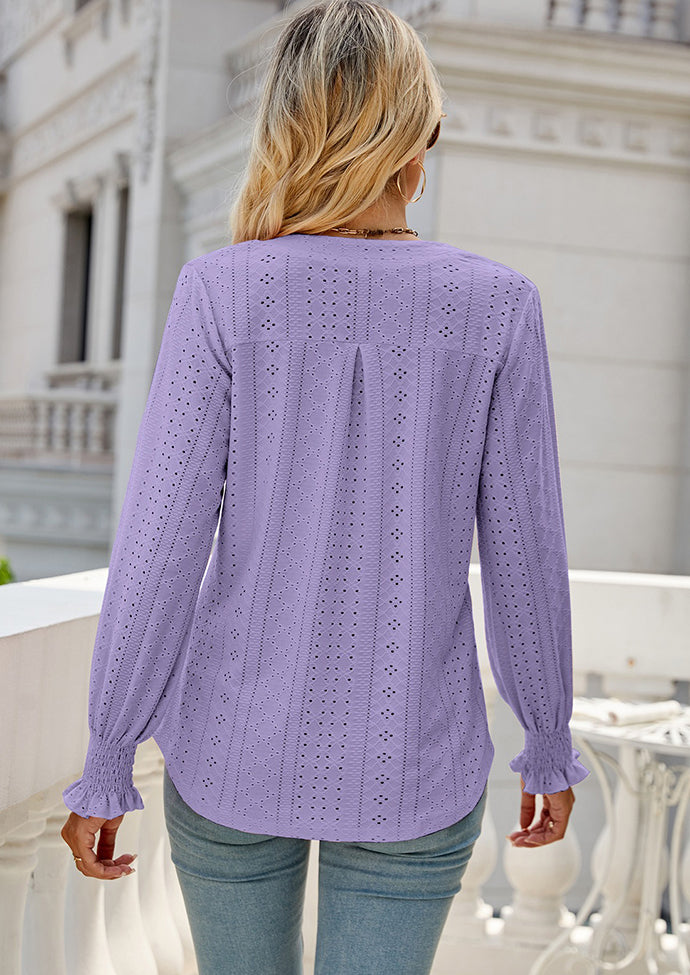 Jacquard V Neck Smocked Cuff Blouse