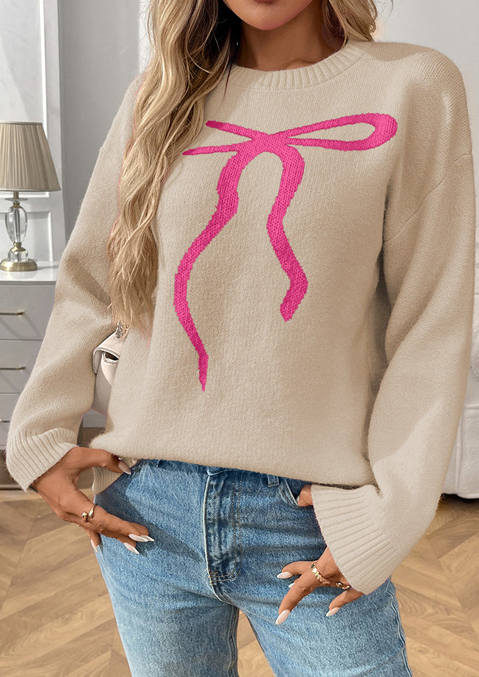 Bow Pattern Crew Neck Knitted Sweater