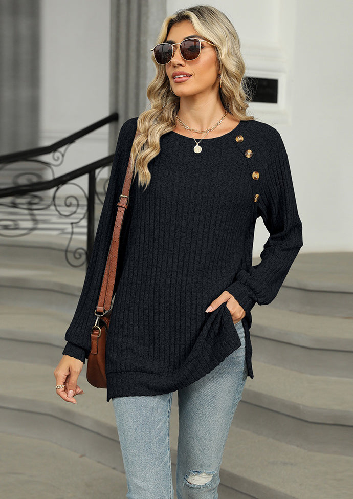 Raglan Sleeve Button Detail Side Split Tunic