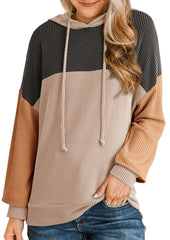 Tie Detail Textured Color Block Casual Hoodie