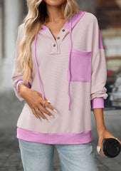 Color Block Tie Detail Button Up Hooded Sweatshirt