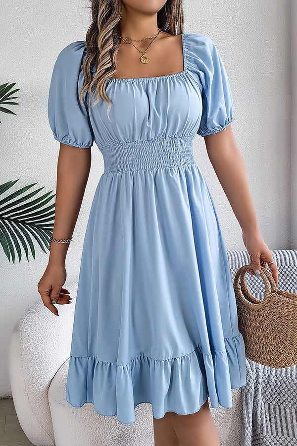 Smocked-Waist Ruffled Hem Midi Dress Light blue - Dresses from Cindelily