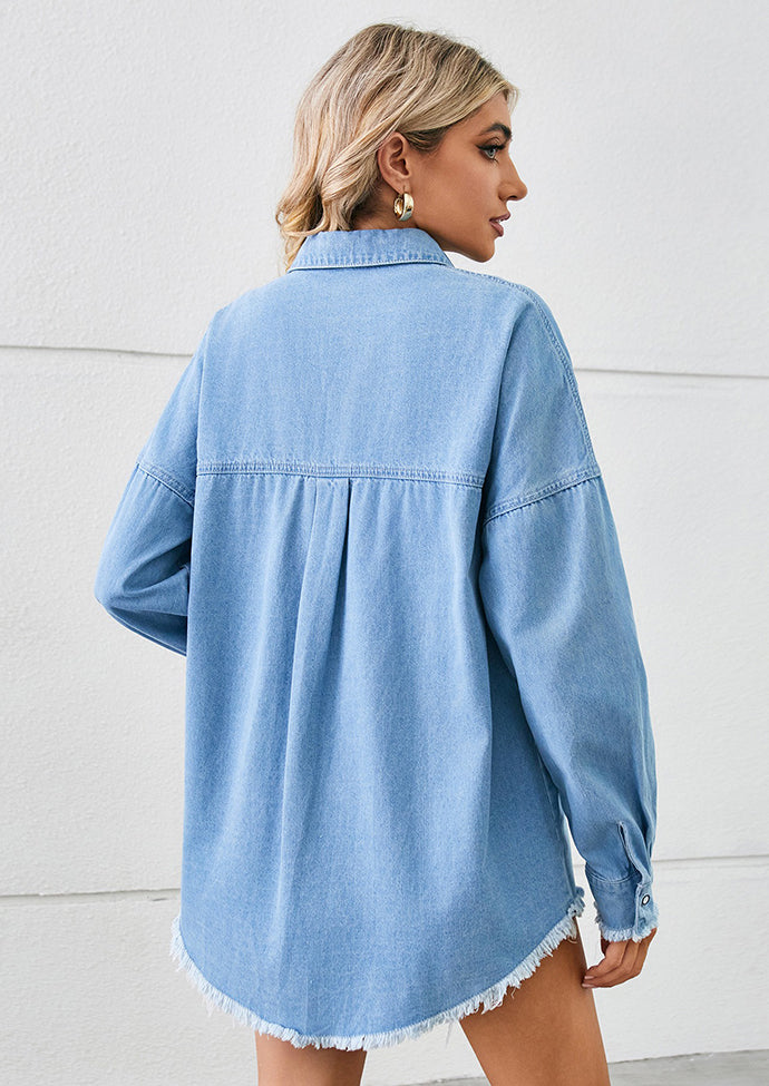Washed Raw Hem Ripped Denim Shirt