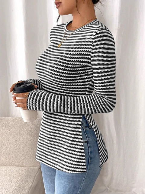 Striped Side Split Long Sleeve Top