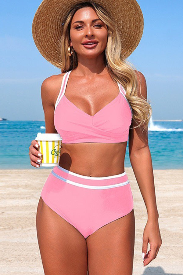 Contrast Trim Twist Front 2-Piece Bikini Set - Swimwear from Cindelily