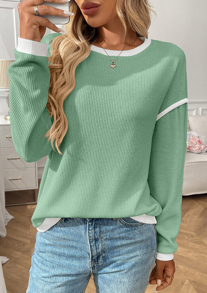 Textured Crew Neck Color Block Casual Top