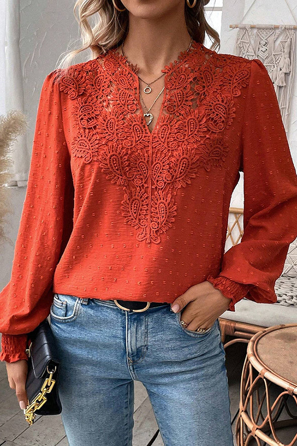 Lace Inset V Neck Long Sleeve Blouse - Blouses & Shirts from Cindelily