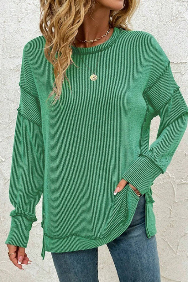 Stripe Side Split Long Sleeve Tunic Green - T-Shirts & Tunics from Cindelily