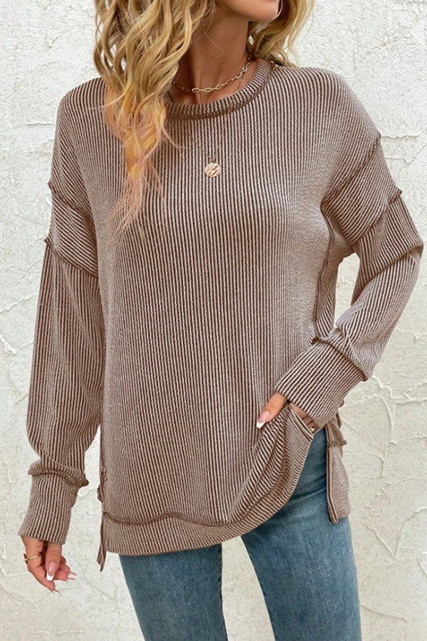 Stripe Side Split Long Sleeve Tunic Coffee - T-Shirts & Tunics from Cindelily