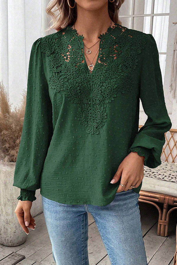 Lace Inset V Neck Long Sleeve Blouse Green - Blouses & Shirts from Cindelily