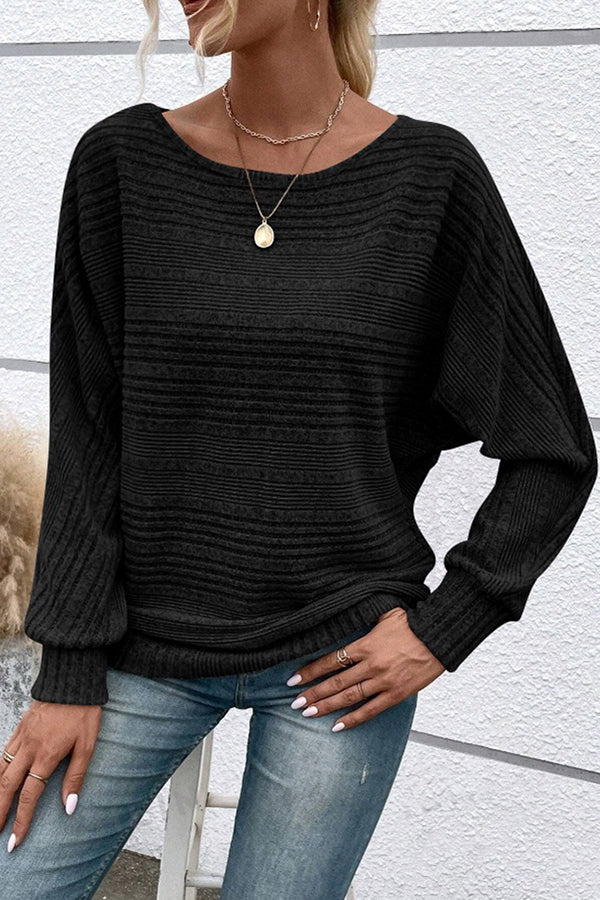 Knitted Crew Neck Bat Sleeves Casual Top Black - T-Shirts & Tunics from Cindelily