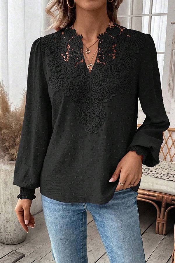 Lace Inset V Neck Long Sleeve Blouse Black - Blouses & Shirts from Cindelily