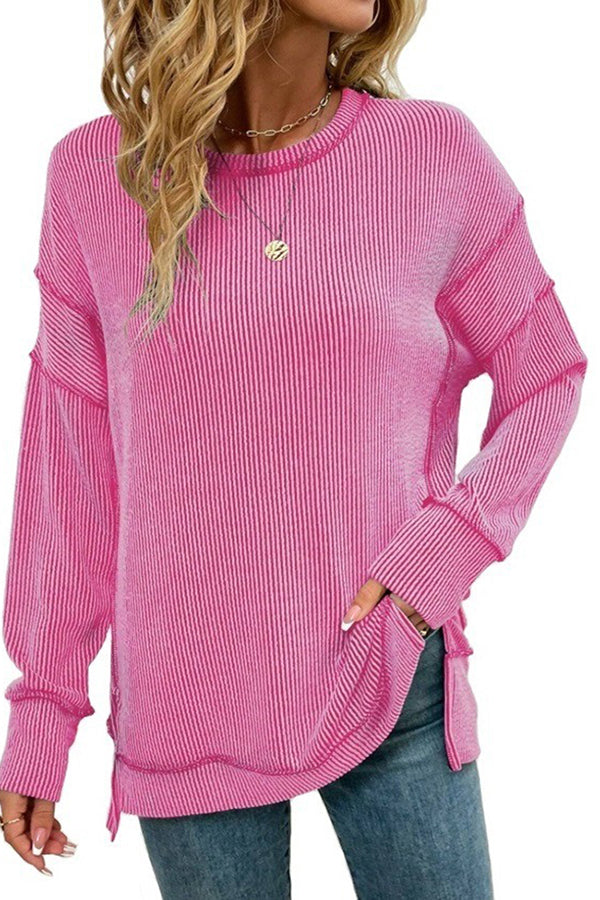 Stripe Side Split Long Sleeve Tunic Pink - T-Shirts & Tunics from Cindelily