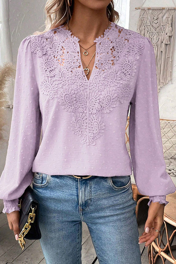 Lace Inset V Neck Long Sleeve Blouse Lilac - Blouses & Shirts from Cindelily