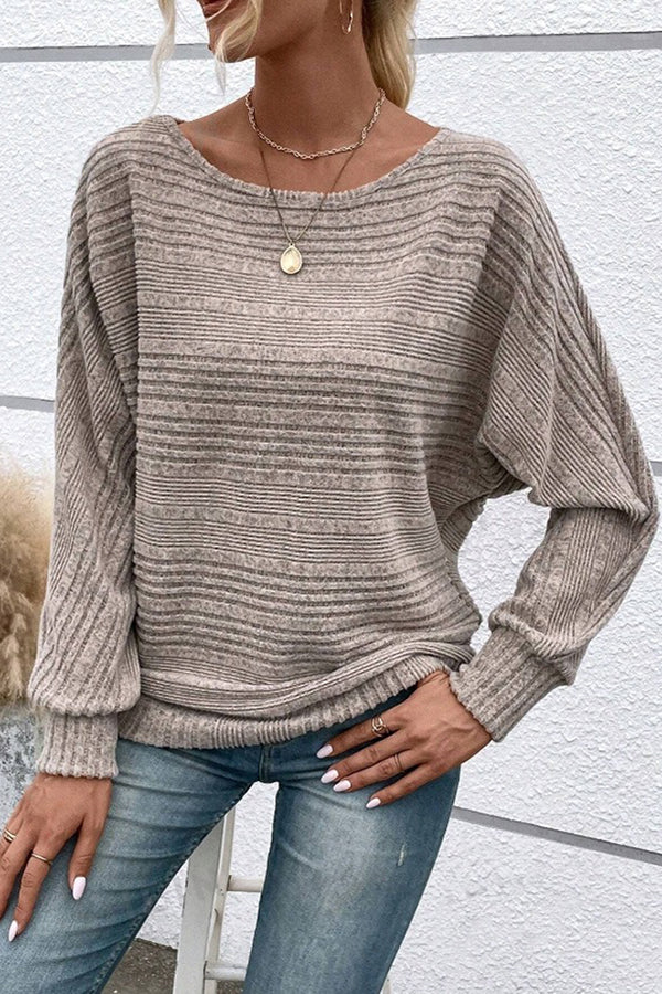 Knitted Crew Neck Bat Sleeves Casual Top Khaki - T-Shirts & Tunics from Cindelily