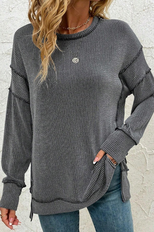 Stripe Side Split Long Sleeve Tunic Black - T-Shirts & Tunics from Cindelily