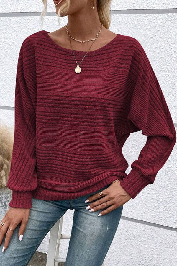 Knitted Crew Neck Bat Sleeves Casual Top Dark red - T-Shirts & Tunics from Cindelily