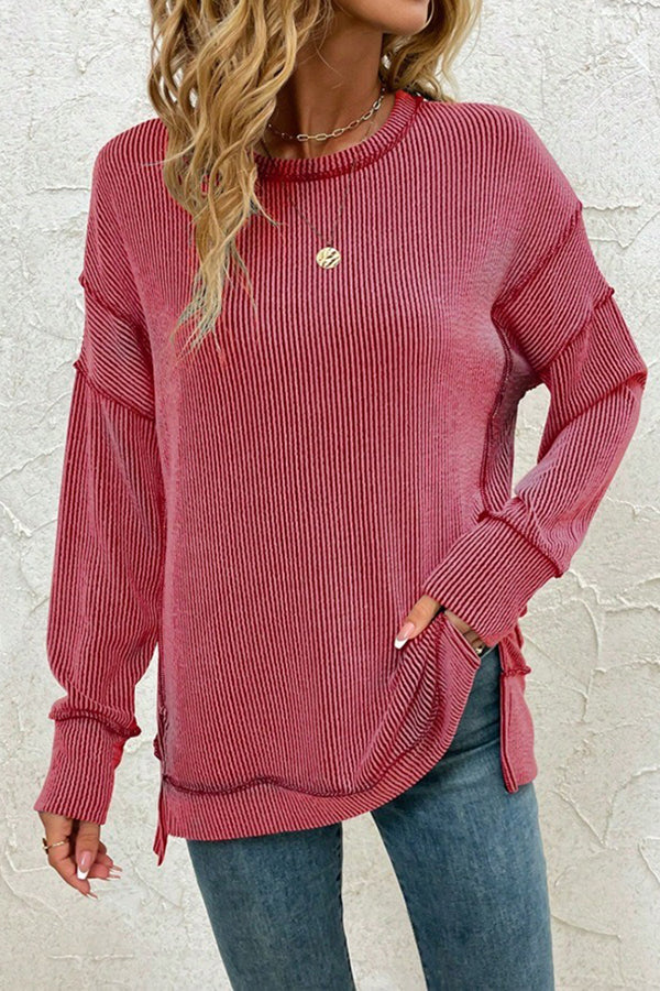 Stripe Side Split Long Sleeve Tunic Red - T-Shirts & Tunics from Cindelily
