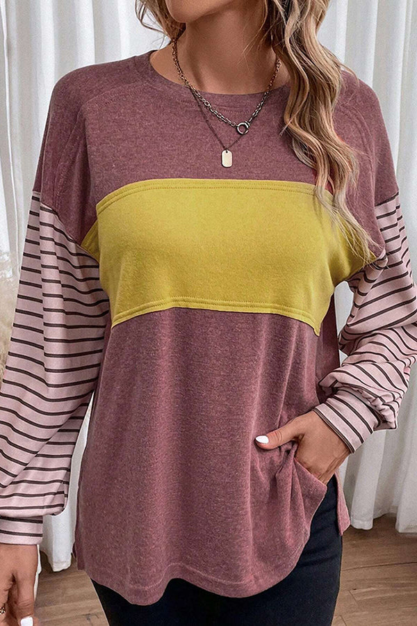 Color Block Stripe Long Sleeve T-shirt Burgundy - T-Shirts & Tunics from Cindelily