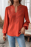 Lace Inset V Neck Long Sleeve Blouse Rust red - Blouses & Shirts from Cindelily