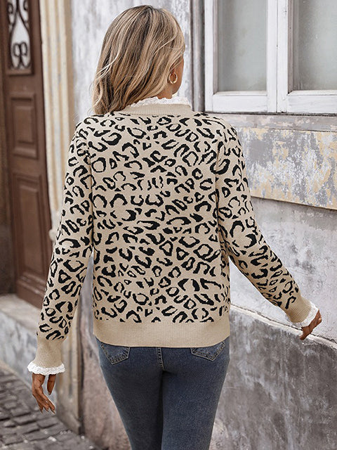 Leopard Pattern Lace Splicing Knitted Sweater