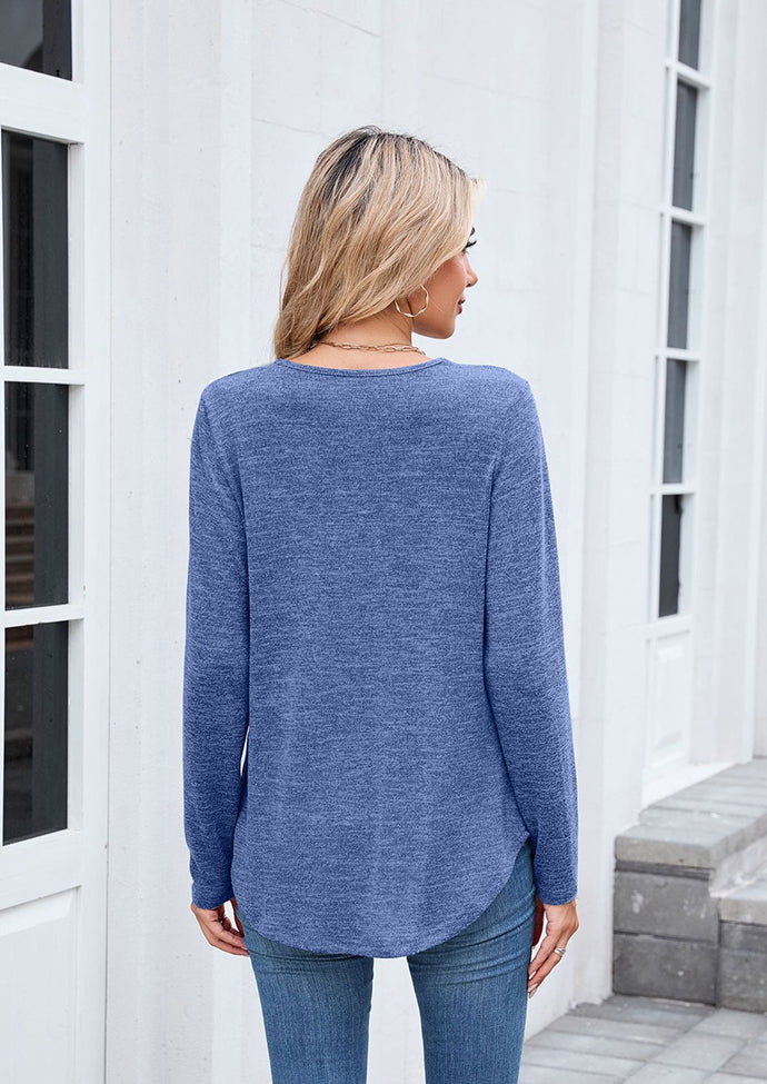 V-neck Pleated Solid Long Sleeve T-shirt