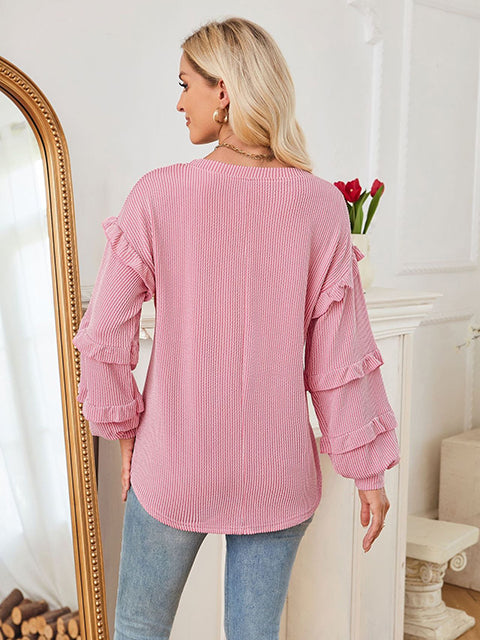 Ruffled Long Sleeve Crew Newck T-shirt