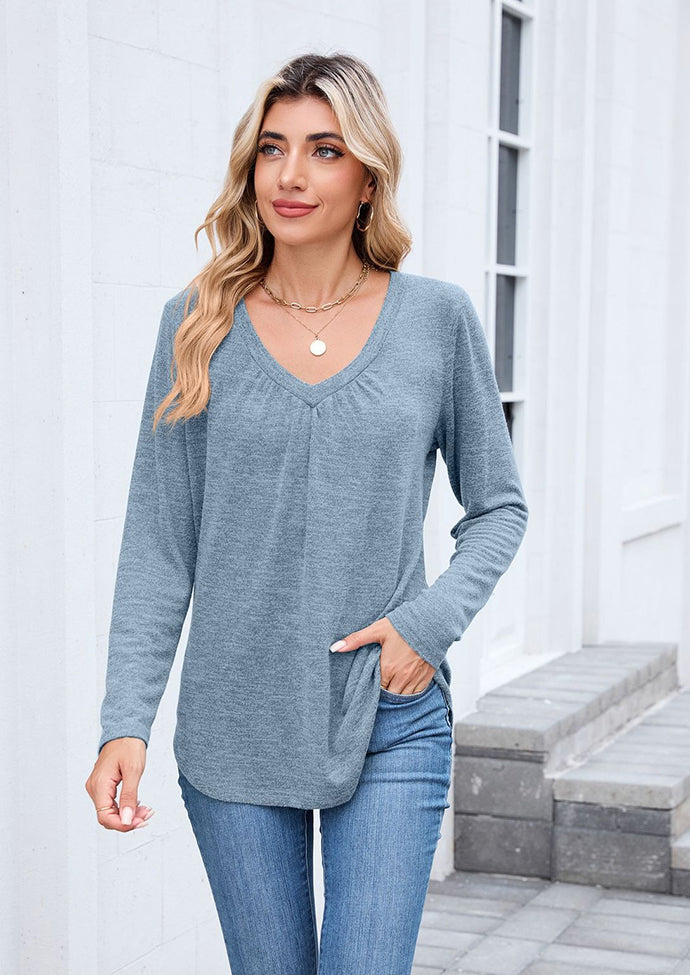 V-neck Pleated Solid Long Sleeve T-shirt