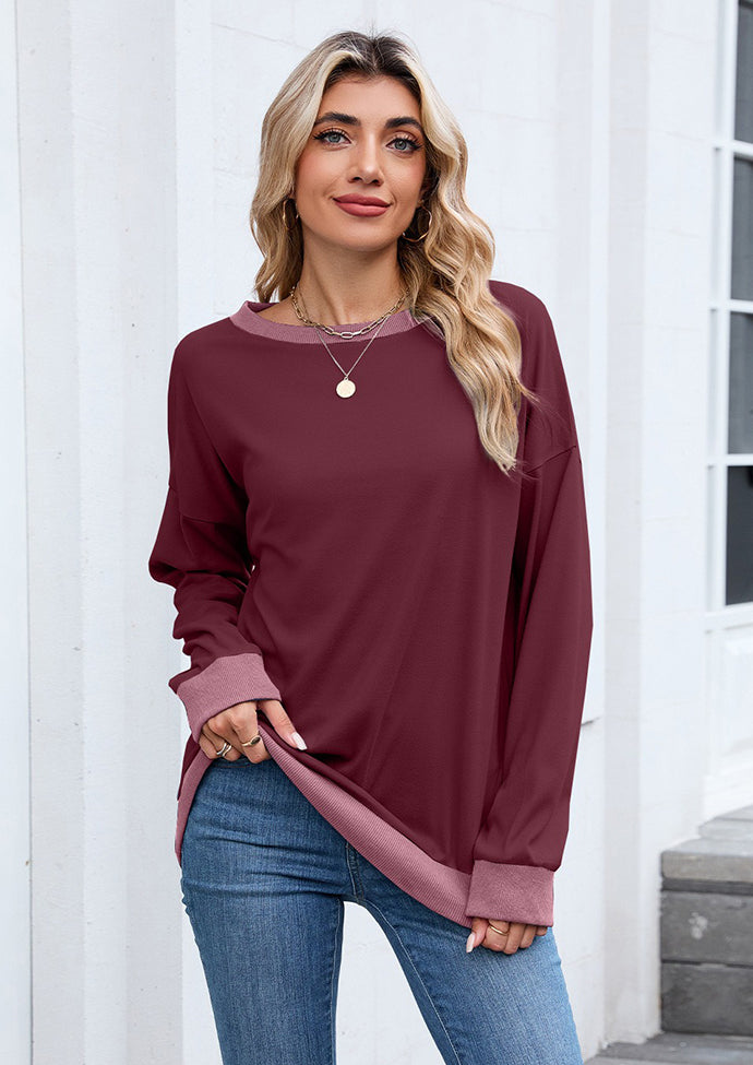 Ribbed Color Block Crew Neck Casual Sweatshirt