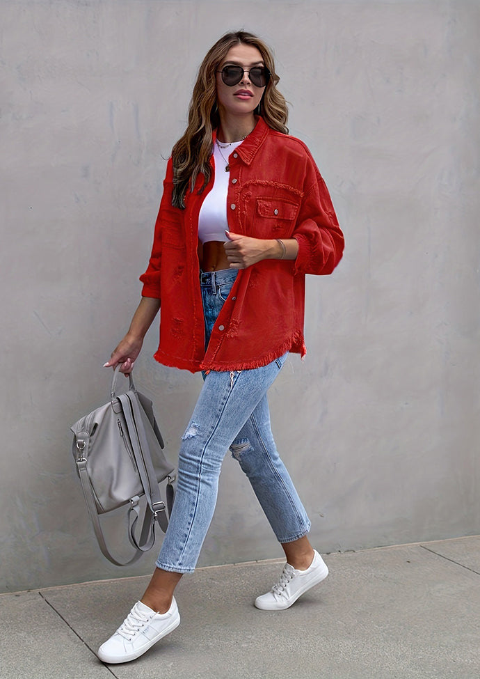 Raw Hem Distressed Button Up Denim Jacket