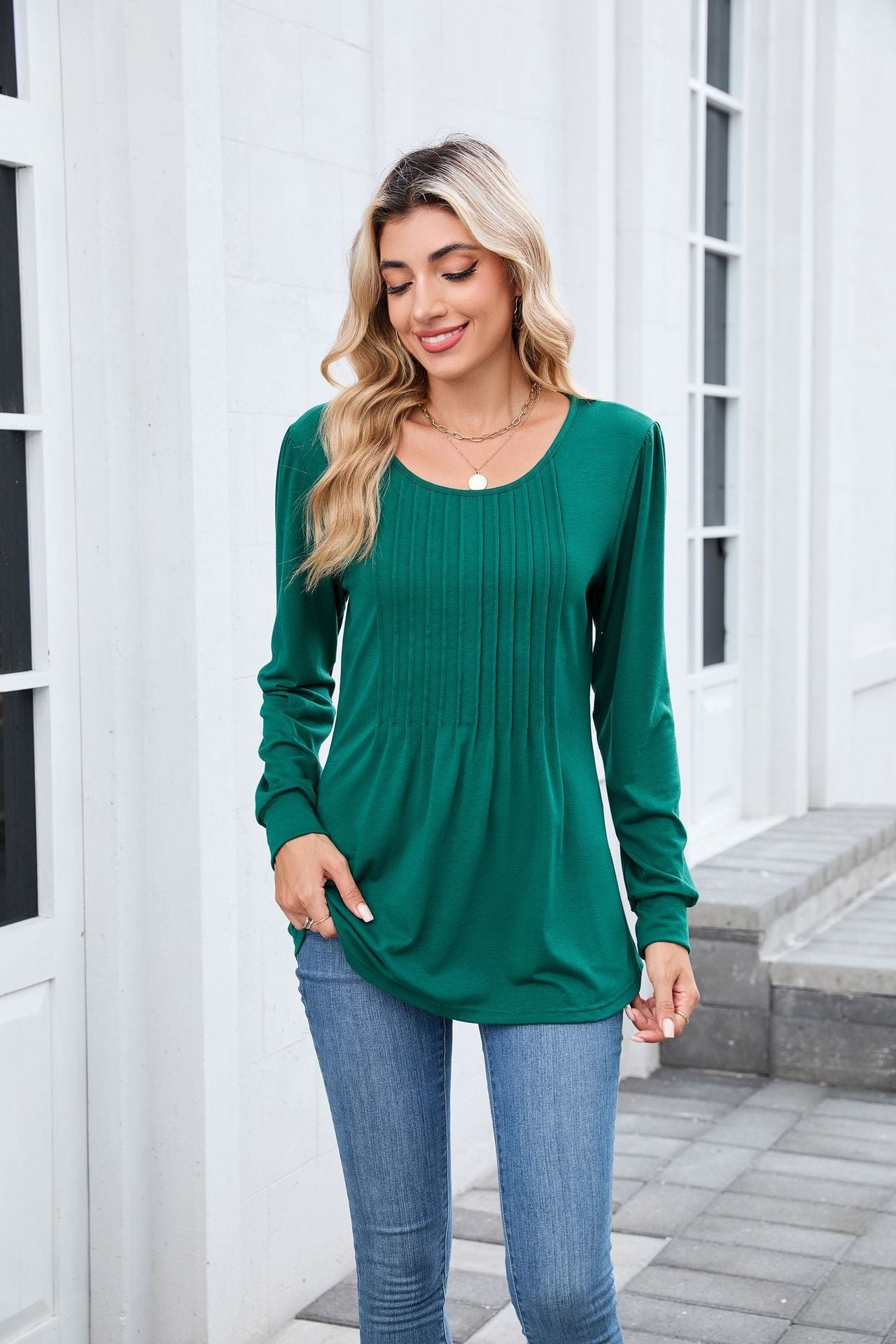 Pleated Crew Neck Long Sleeve Tunic