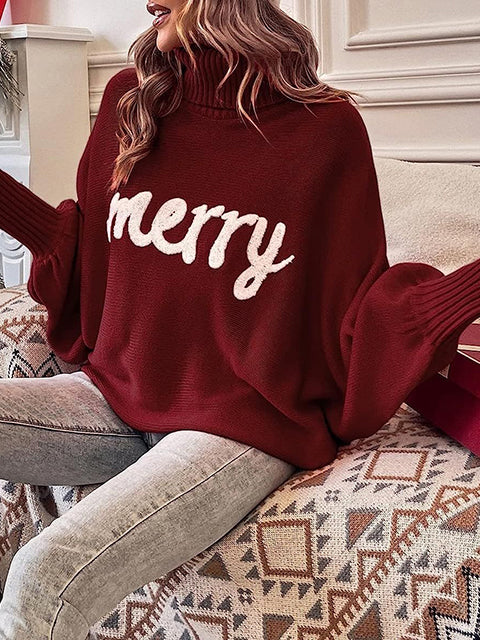 Christmas Jacquard Turtleneck Bat Sleeve Sweater