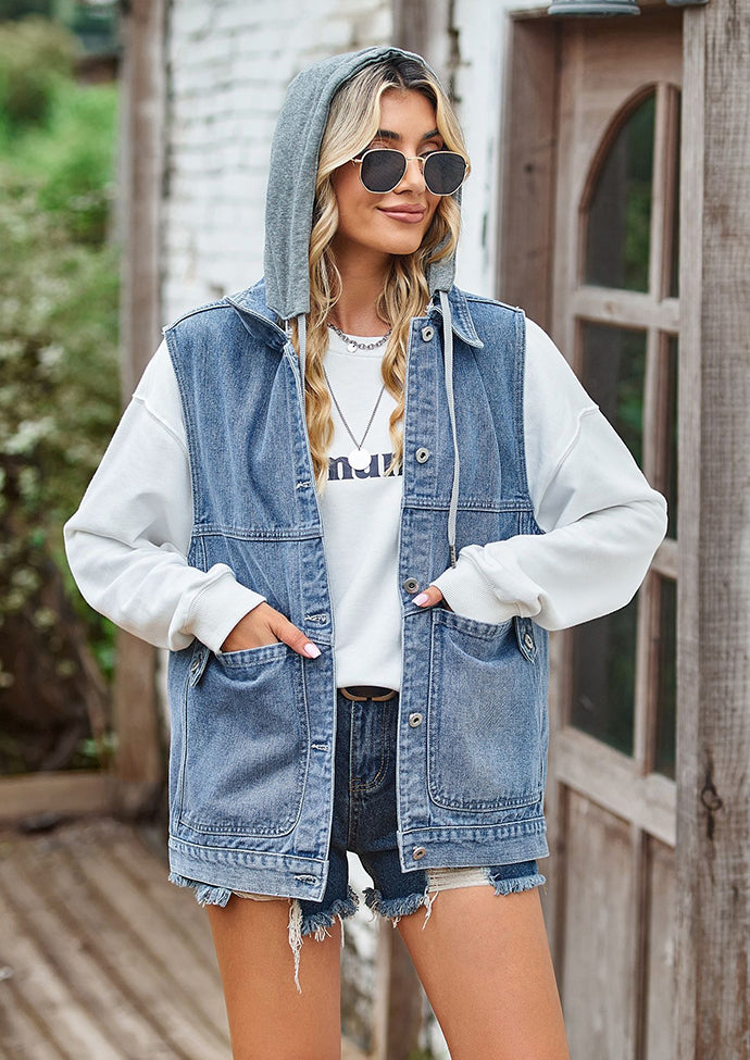 Button Up Hooded Denim Vest with Pockets