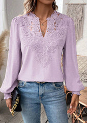 Lace Inset V Neck Long Sleeve Blouse