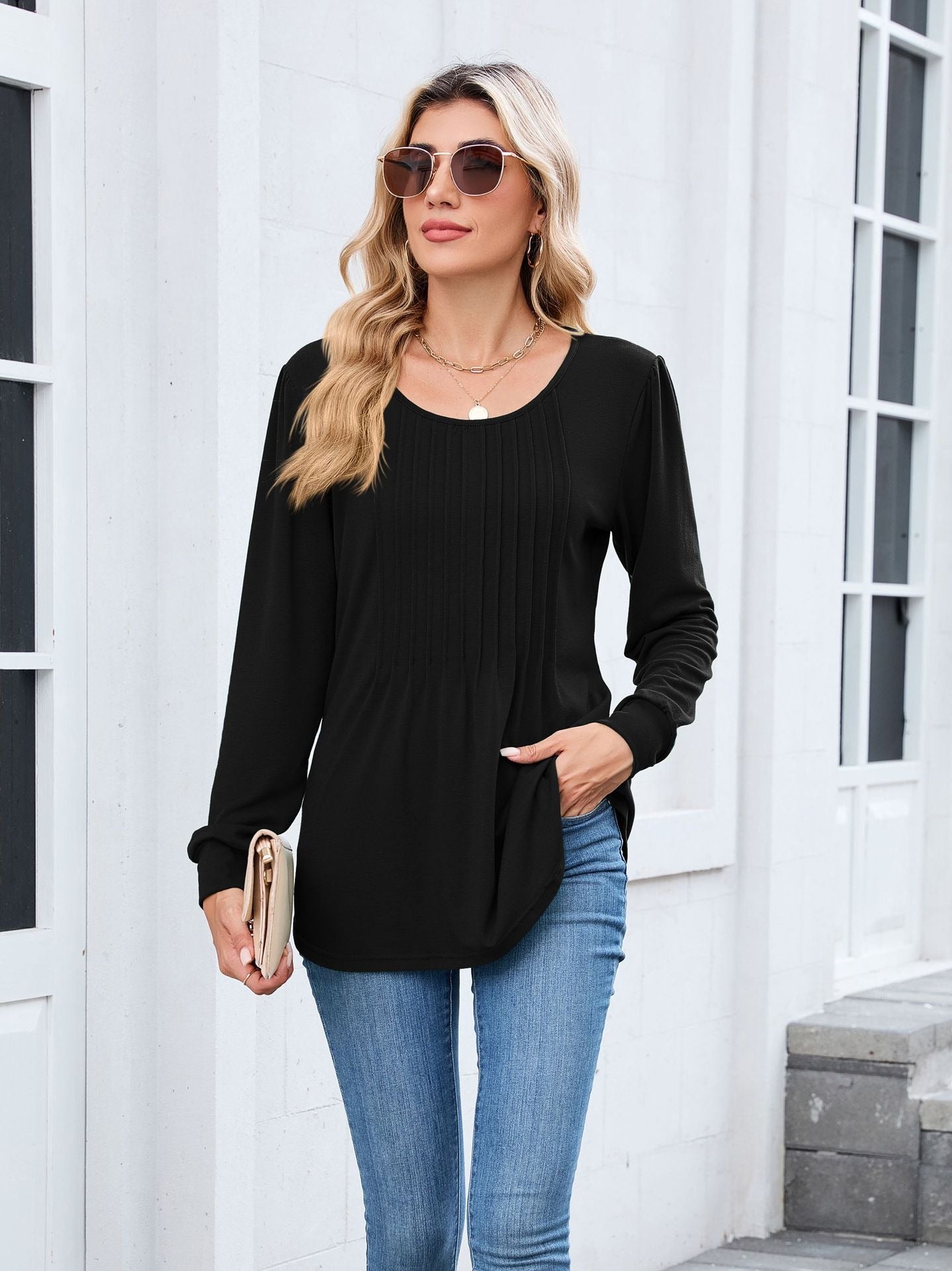 Pleated Crew Neck Long Sleeve Tunic