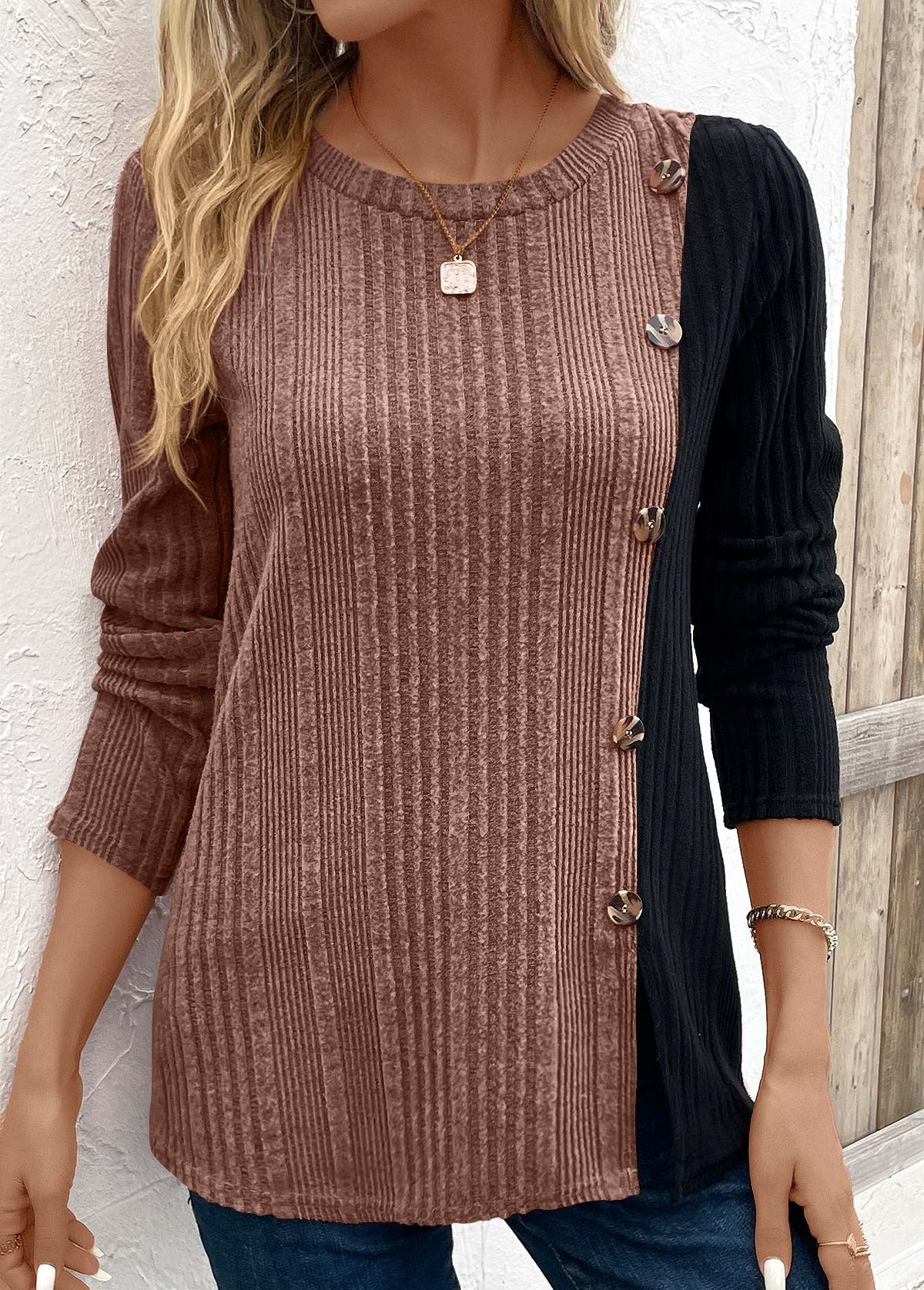 Color Block Button Detail Long Sleeve T-shirt