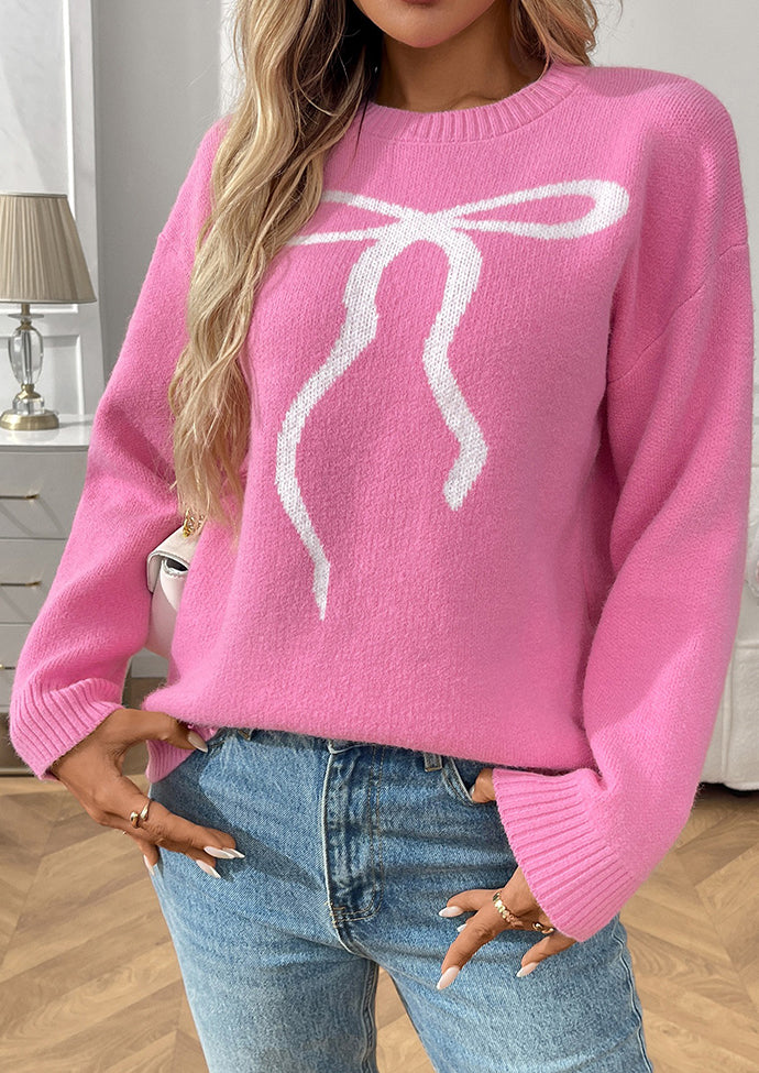 Bow Pattern Crew Neck Knitted Sweater