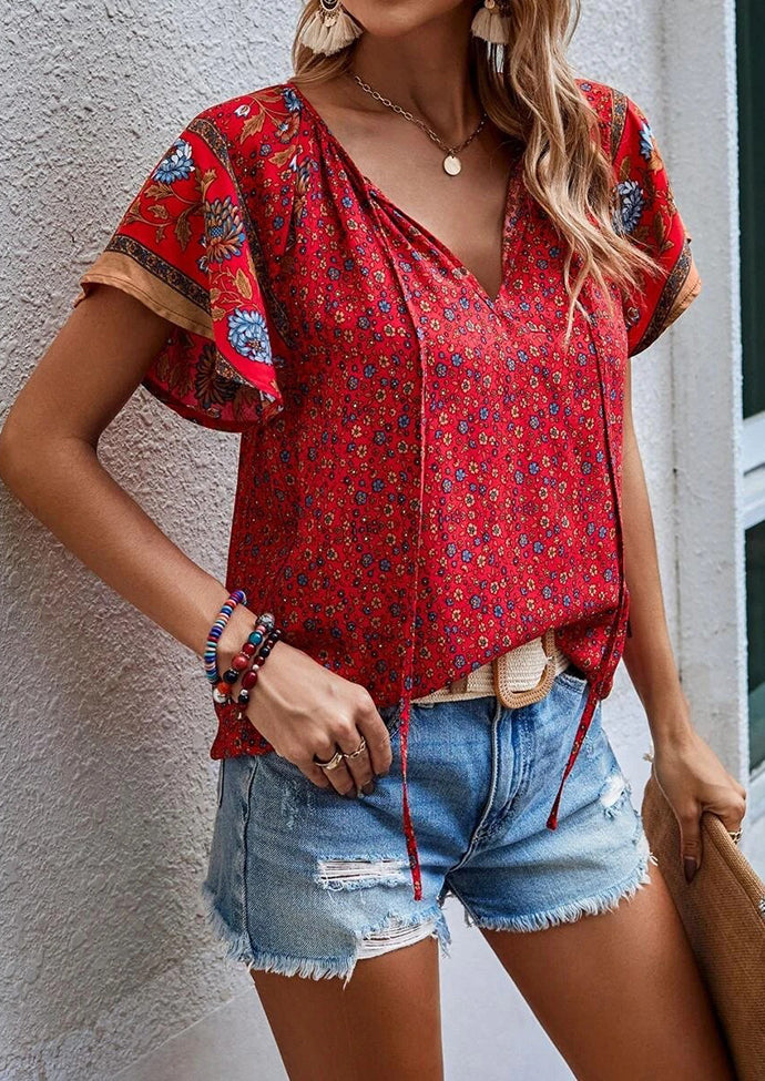 Floral Boho Tie Detail V Neck T-shirt