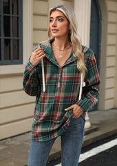 Plaid Button Up Hooded Tie Detail Casual Blouse