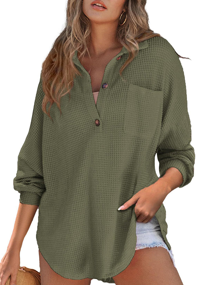 Waffle Knitted Button Up Blouse