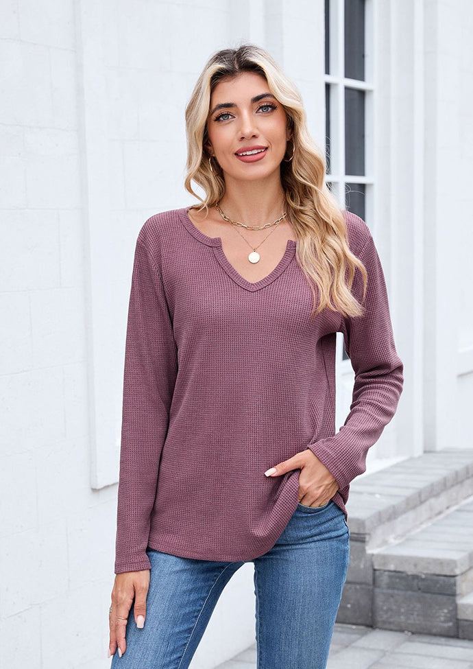 Waffle V Neck Long Sleeve T-shirt